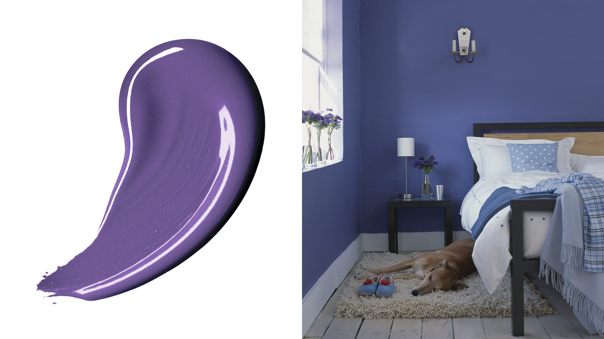En avslappnad violett fargsattning for sovrum Violett är en av de mest fridfulla tonerna på hela kulörspektrumet och främjar avslappning och välmående.